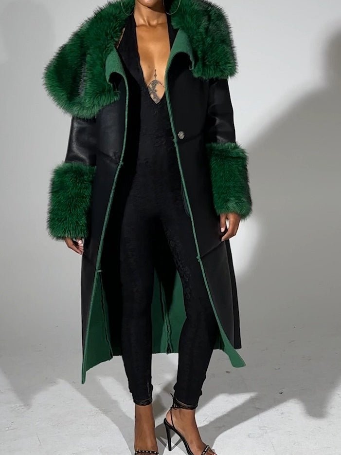 Green Fur Trim Trench fashgoods