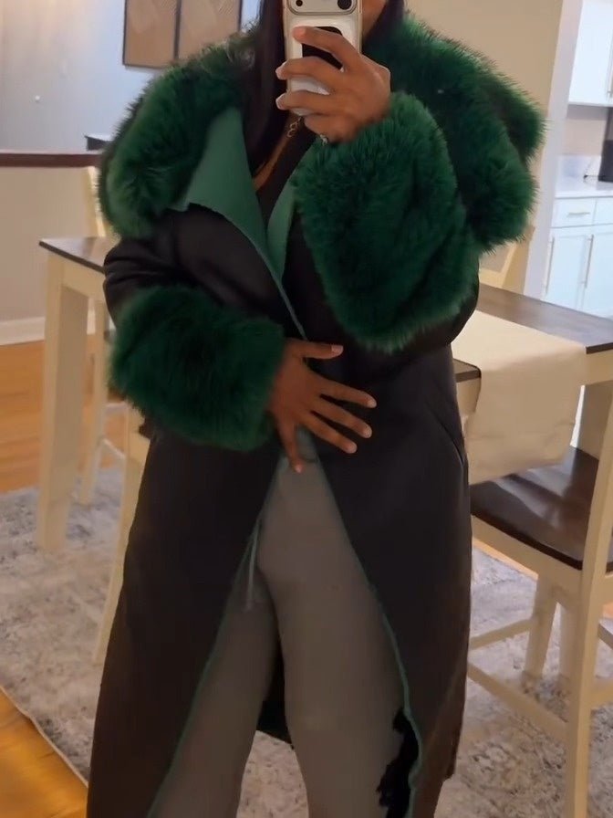 Green Fur Trim Trench fashgoods