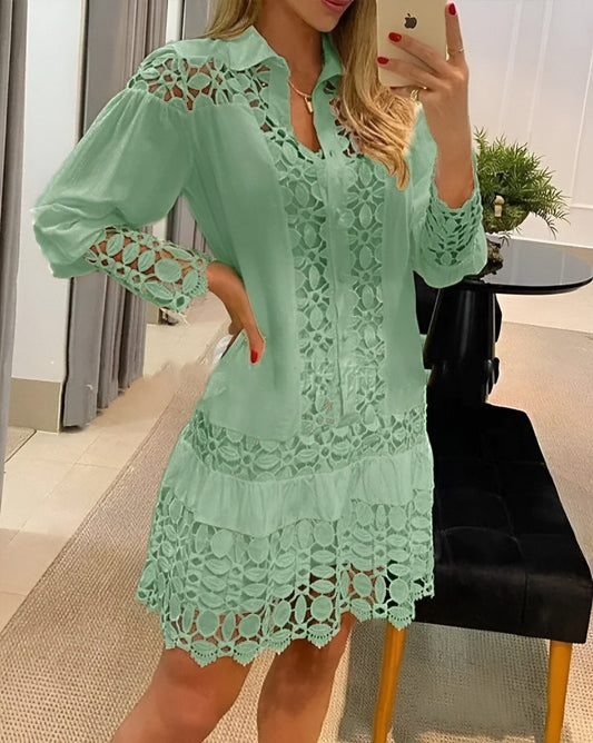 Guipure Lace Patch Shirt Dress With Cami Dress - laseze