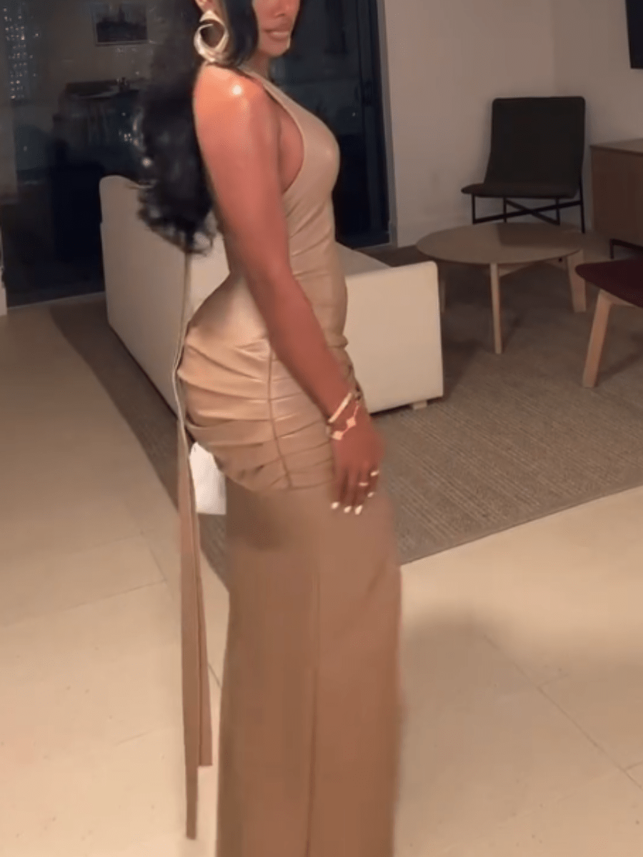 Halter Neck Satin Ruched Split Midi Dress - laseze