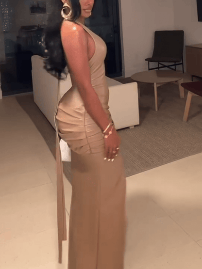 Halter Neck Satin Ruched Split Midi Dress - laseze