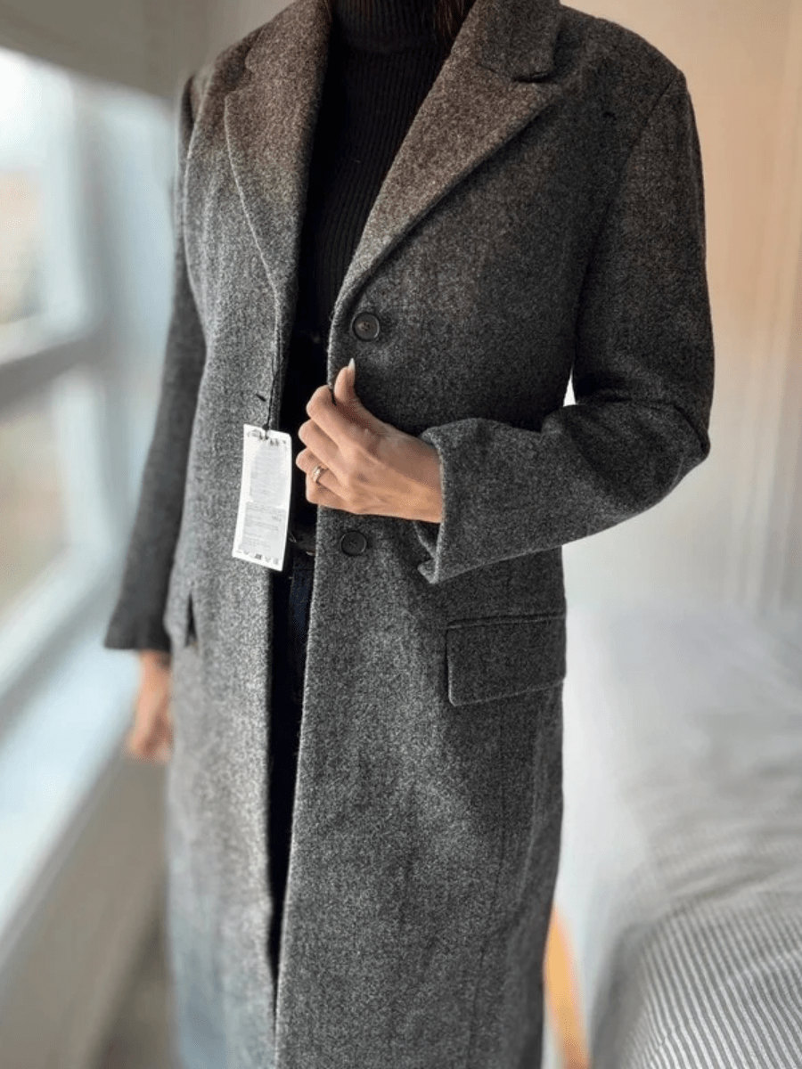 Heathered Gray Two-Tone Belted Long Coat laseze