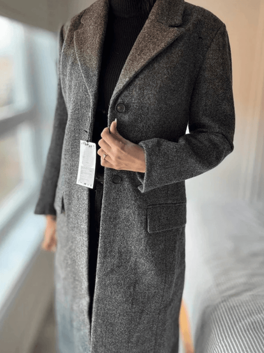 Heathered Gray Two-Tone Belted Long Coat laseze