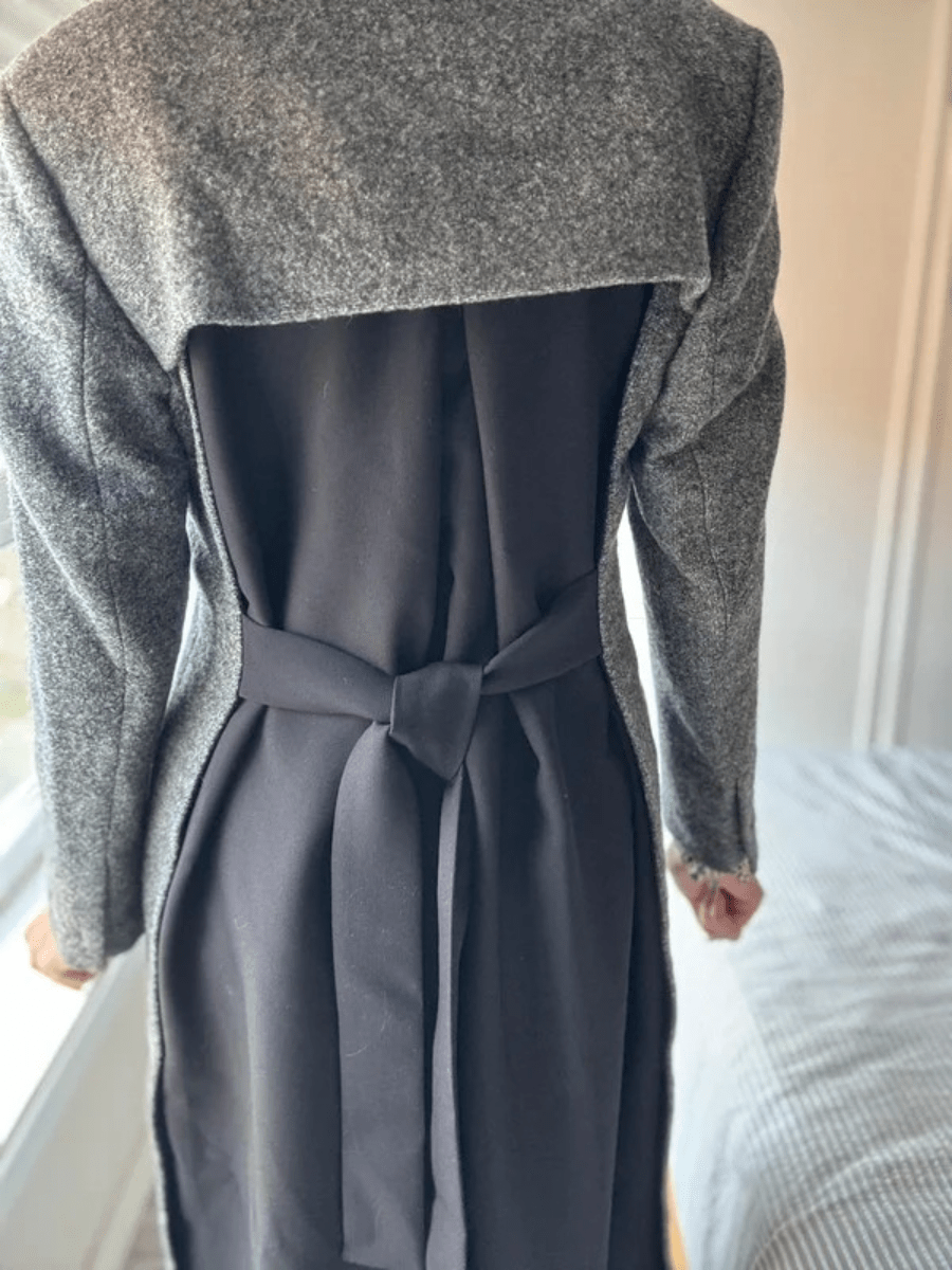 Heathered Gray Two-Tone Belted Long Coat laseze