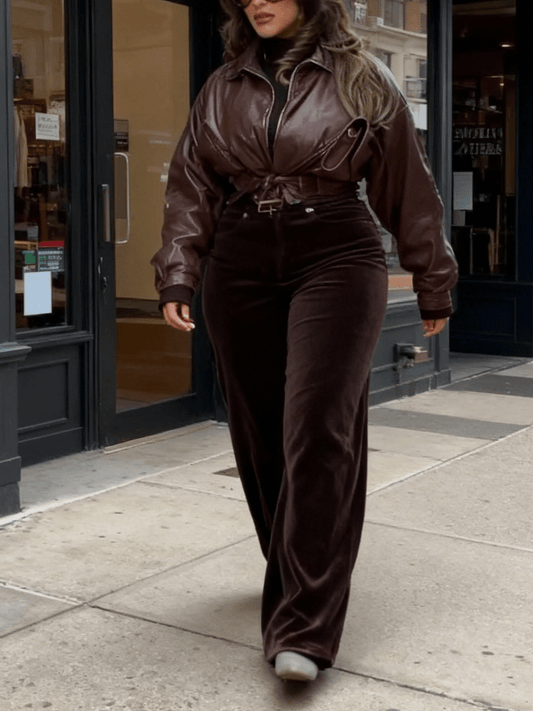 High-Waisted Chocolate Brown Velvet Wide-Leg Pants laseze