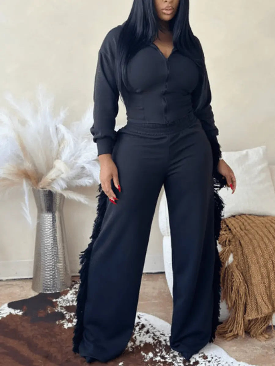 Hoodie Side Tassel Trim Pants Set - laseze