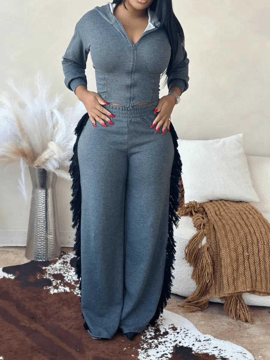 Hoodie Side Tassel Trim Pants Set - laseze