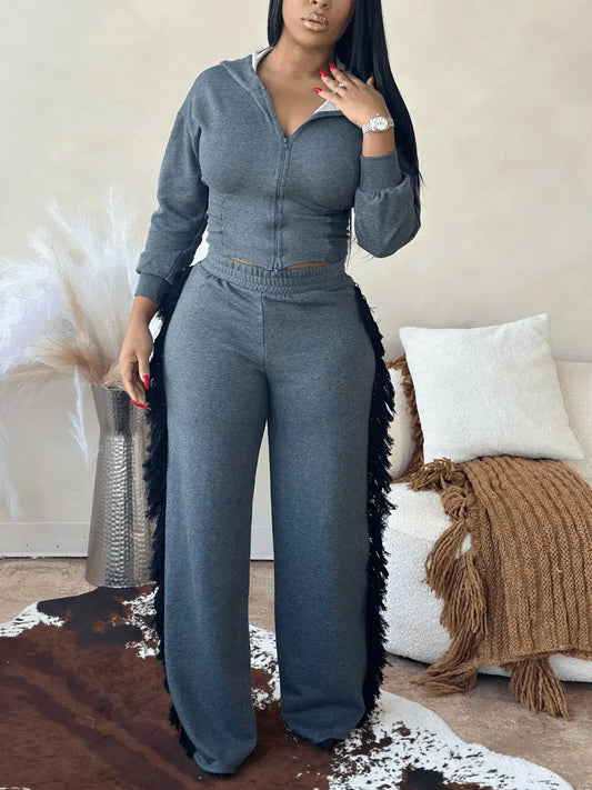 Hoodie Side Tassel Trim Pants Set - laseze