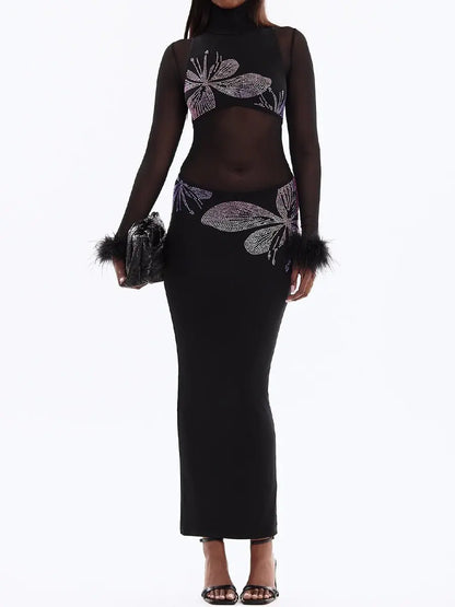 Hot Drilling See-through Feathered Cuffs Dress laseze