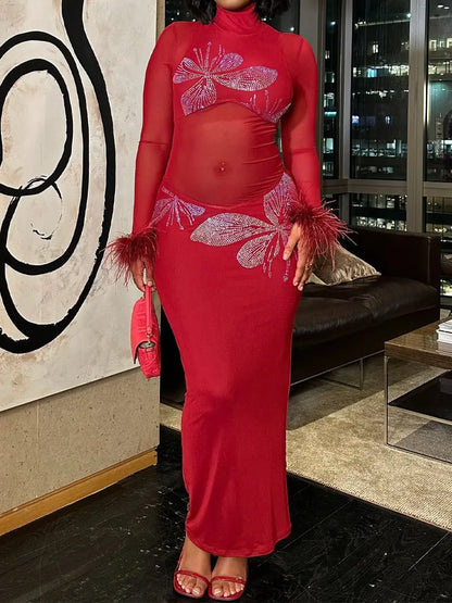 Hot Drilling See-through Feathered Cuffs Dress laseze