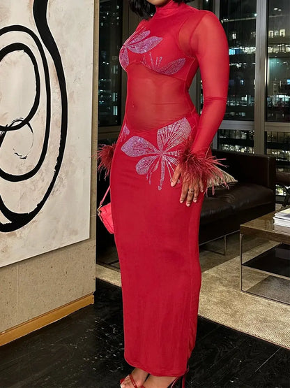 Hot Drilling See-through Feathered Cuffs Dress laseze