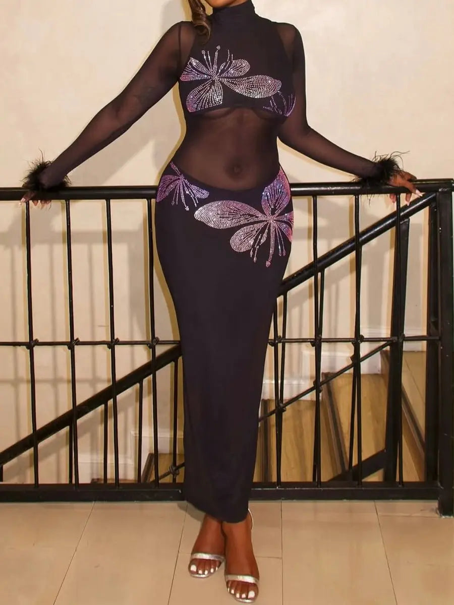 Hot Drilling See-through Feathered Cuffs Dress laseze