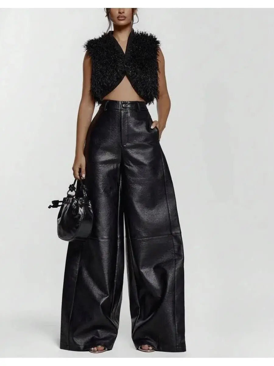 Imitation Leather Wide Leg Waist Pants, Sexy Out, Autumn, Night, Winter, Cute, Street Style, Thanksgiving Day laseze