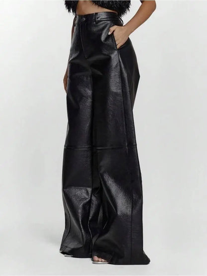 Imitation Leather Wide Leg Waist Pants, Sexy Out, Autumn, Night, Winter, Cute, Street Style, Thanksgiving Day laseze