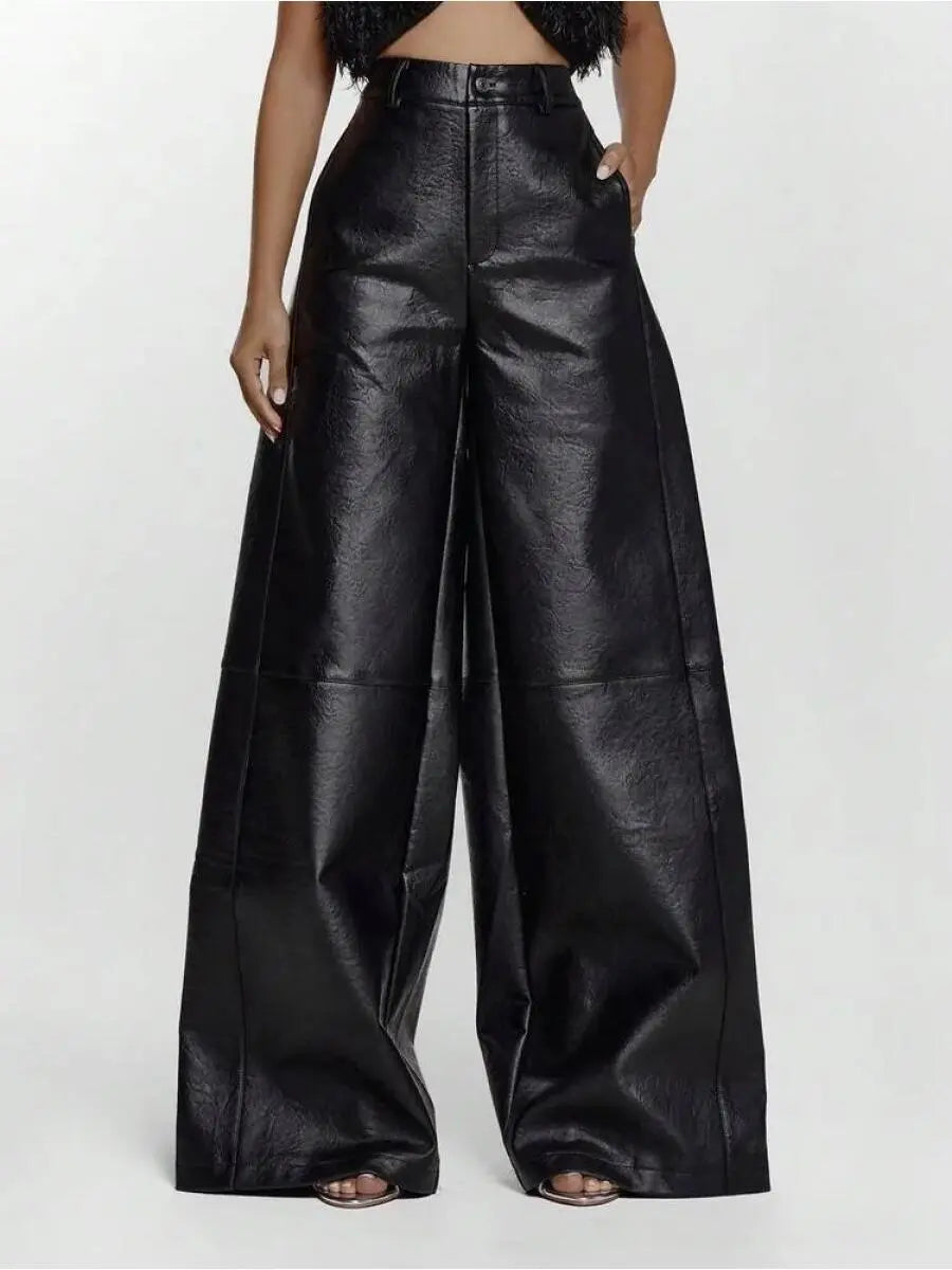 Imitation Leather Wide Leg Waist Pants, Sexy Out, Autumn, Night, Winter, Cute, Street Style, Thanksgiving Day laseze