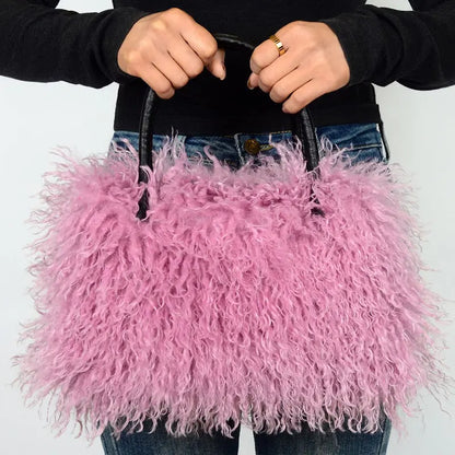 Imitation Wool Tote Bag With Genuine Leather Handles Handbag laseze