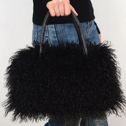 Imitation Wool Tote Bag With Genuine Leather Handles Handbag laseze