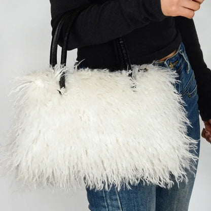 Imitation Wool Tote Bag With Genuine Leather Handles Handbag laseze