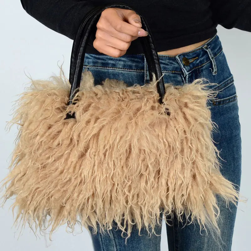 Imitation Wool Tote Bag With Genuine Leather Handles Handbag laseze