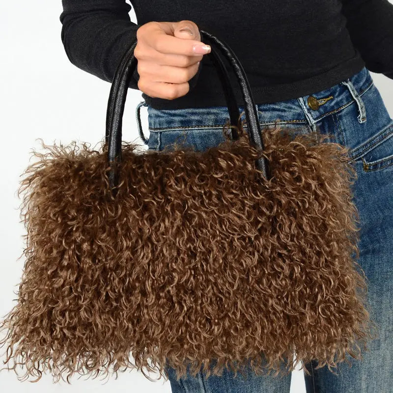 Imitation Wool Tote Bag With Genuine Leather Handles Handbag laseze