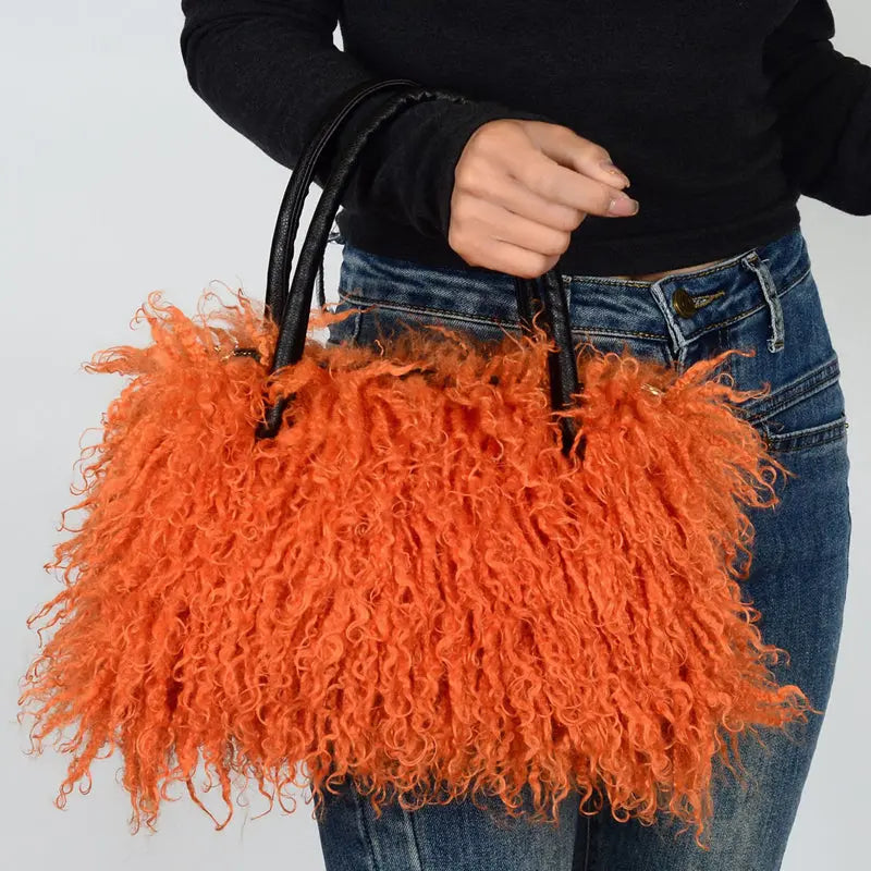 Imitation Wool Tote Bag With Genuine Leather Handles Handbag laseze