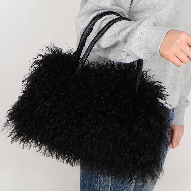 Imitation Wool Tote Bag With Genuine Leather Handles Handbag laseze