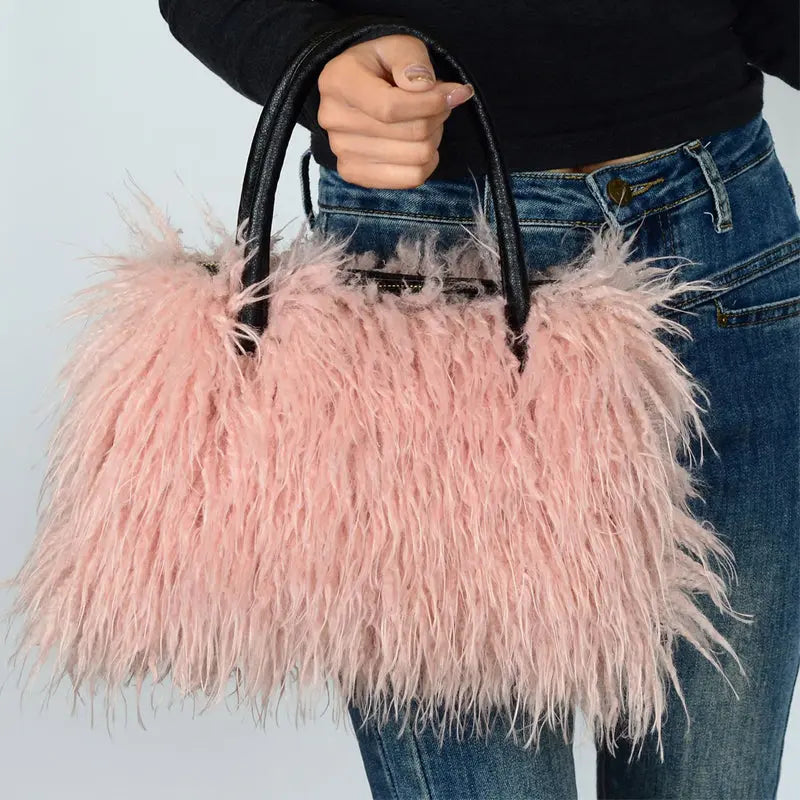 Imitation Wool Tote Bag With Genuine Leather Handles Handbag laseze