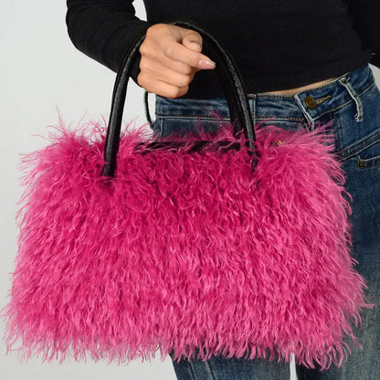 Imitation Wool Tote Bag With Genuine Leather Handles Handbag laseze