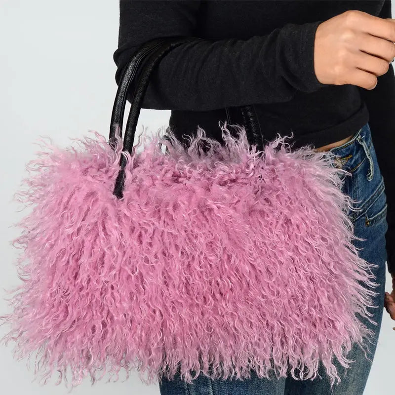 Imitation Wool Tote Bag With Genuine Leather Handles Handbag laseze