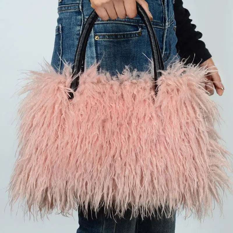 Imitation Wool Tote Bag With Genuine Leather Handles Handbag laseze