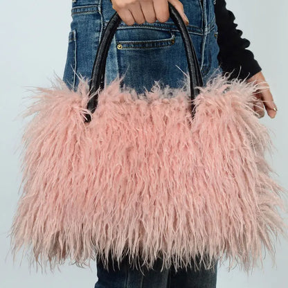 Imitation Wool Tote Bag With Genuine Leather Handles Handbag laseze