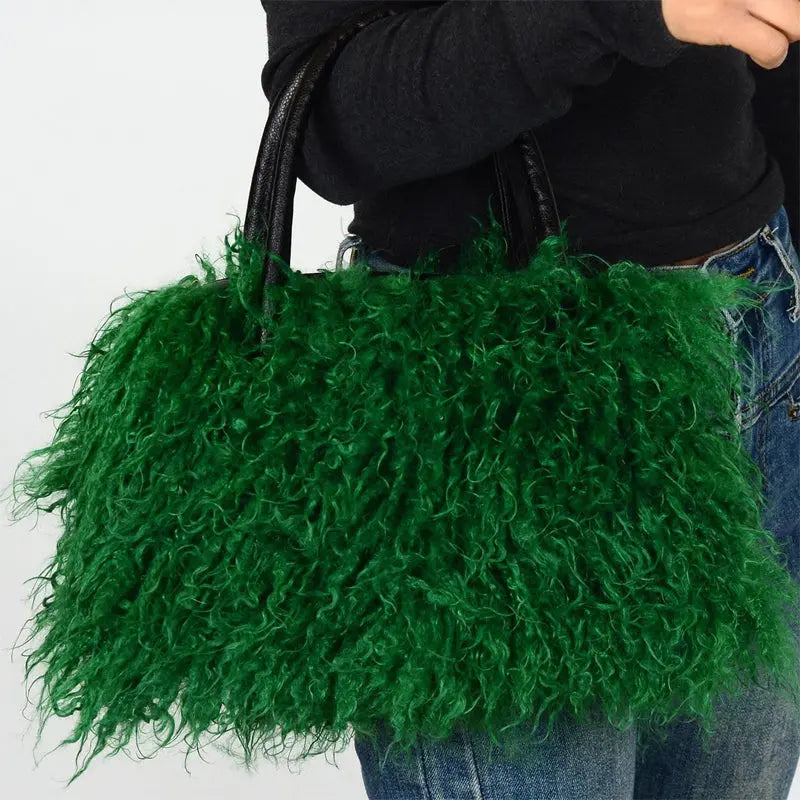 Imitation Wool Tote Bag With Genuine Leather Handles Handbag laseze