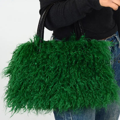 Imitation Wool Tote Bag With Genuine Leather Handles Handbag laseze