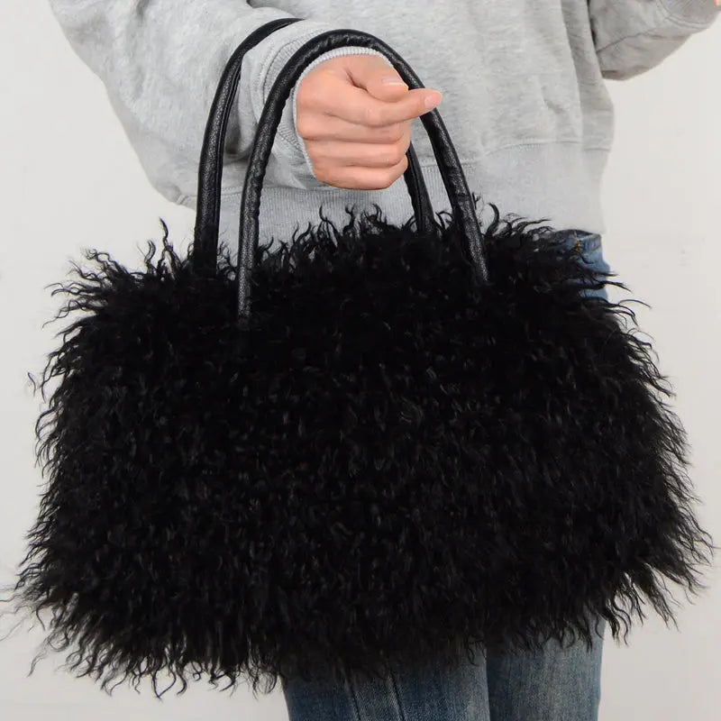 Imitation Wool Tote Bag With Genuine Leather Handles Handbag laseze