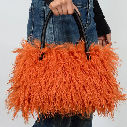 Imitation Wool Tote Bag With Genuine Leather Handles Handbag laseze