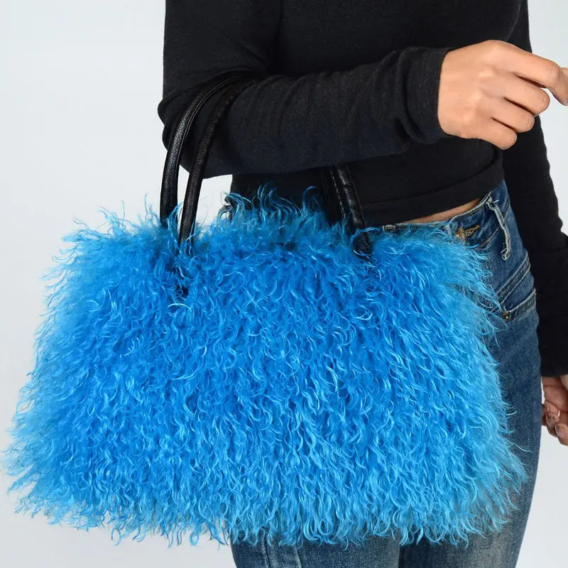 Imitation Wool Tote Bag With Genuine Leather Handles Handbag laseze