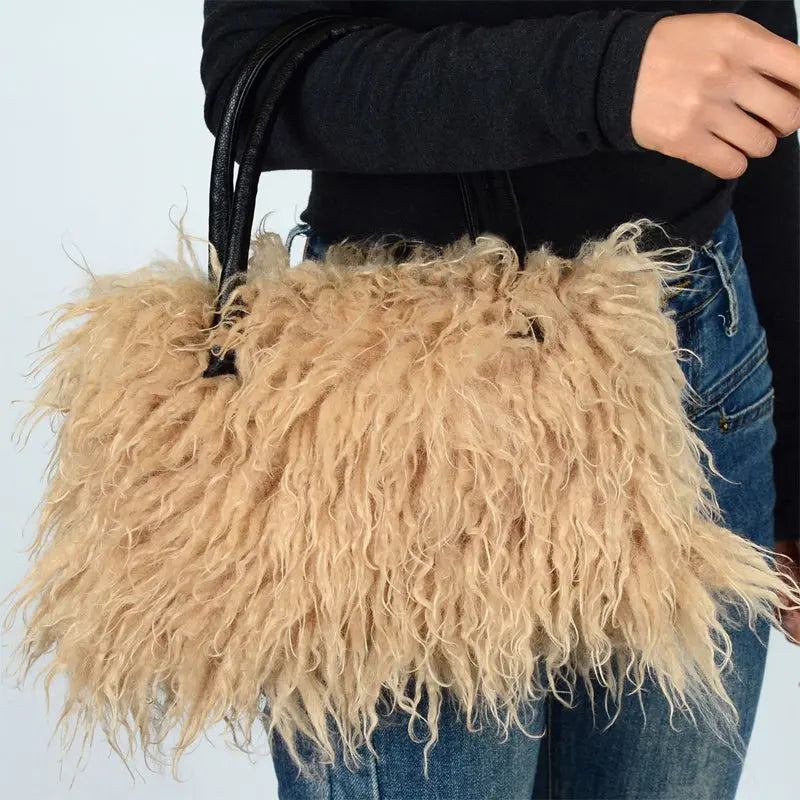 Imitation Wool Tote Bag With Genuine Leather Handles Handbag laseze