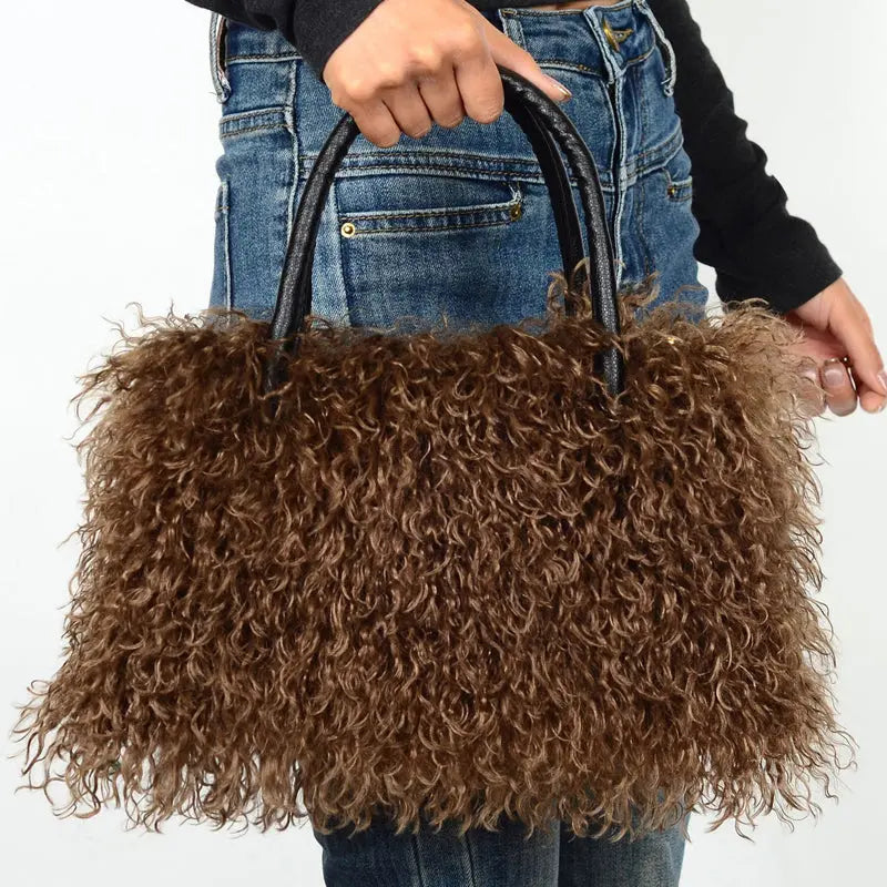 Imitation Wool Tote Bag With Genuine Leather Handles Handbag laseze