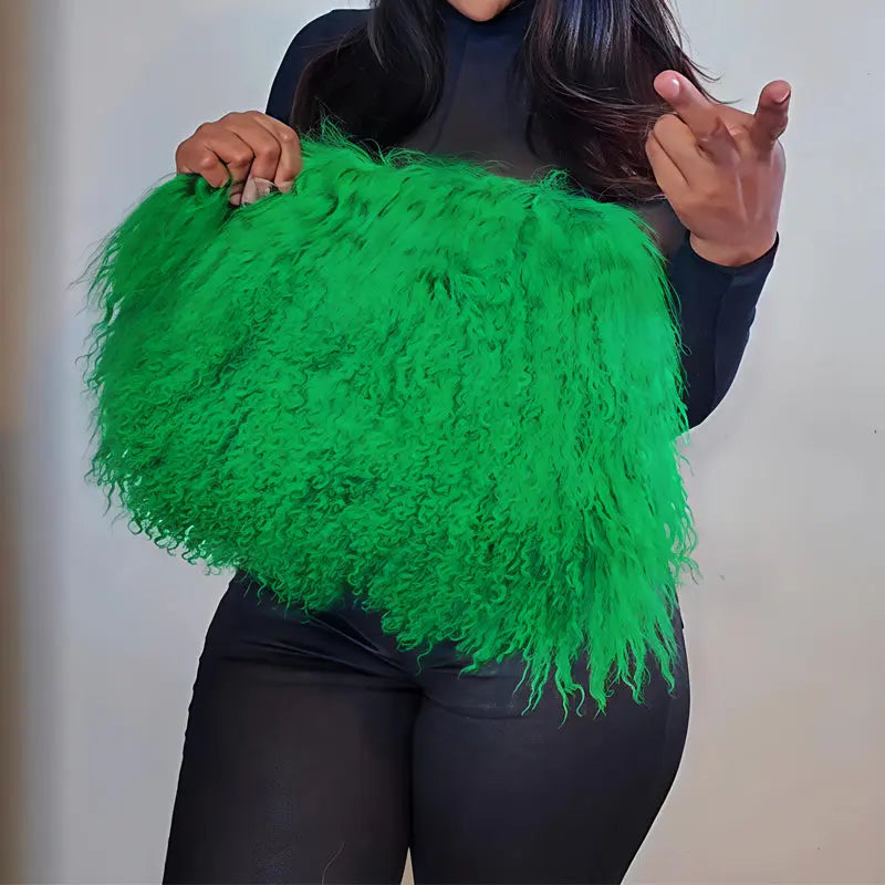 Imitation Wool Tote Bag With Genuine Leather Handles Handbag laseze