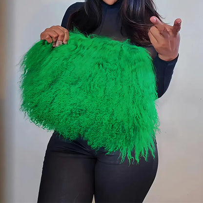 Imitation Wool Tote Bag With Genuine Leather Handles Handbag laseze