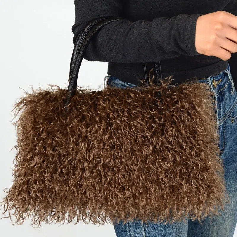 Imitation Wool Tote Bag With Genuine Leather Handles Handbag laseze