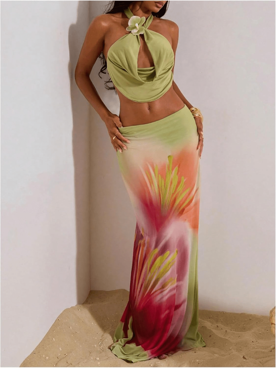 Island Goddess | Tropical Floral Ombre Maxi Skirt - laseze