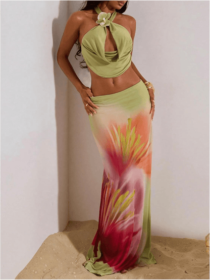 Island Goddess | Tropical Floral Ombre Maxi Skirt - laseze