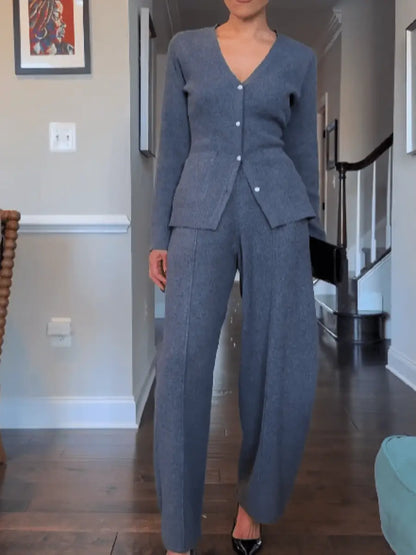Knitted V-Neck Pants Set laseze