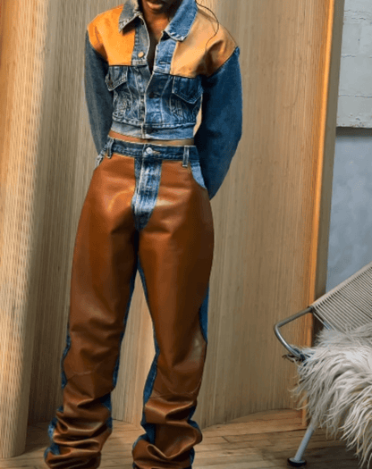 Leather Patchwork Denim Retro Set laseze