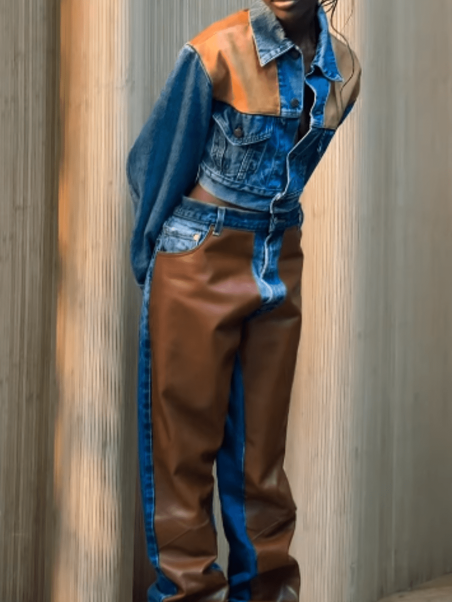 Leather Patchwork Denim Retro Set laseze