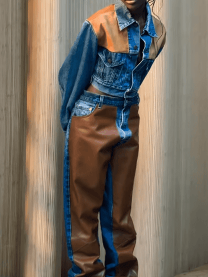 Leather Patchwork Denim Retro Set laseze