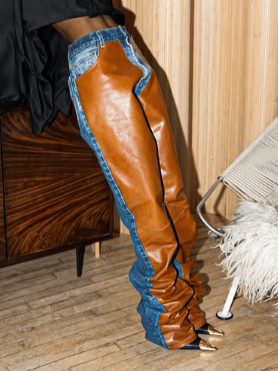 Leather Patchwork Denim Retro Set laseze