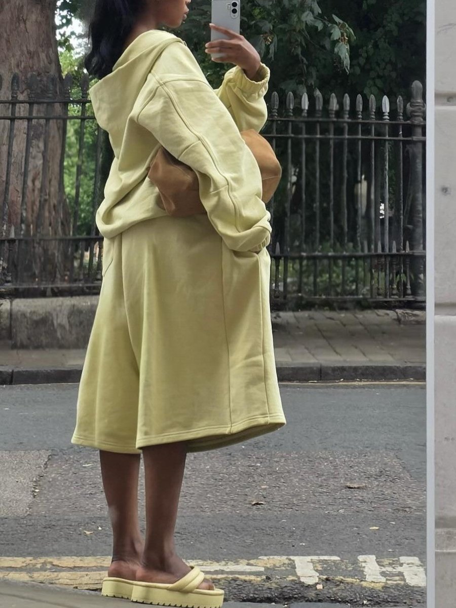 Lemon - Yellow Hooded Zip - Up And Culottes Set - laseze