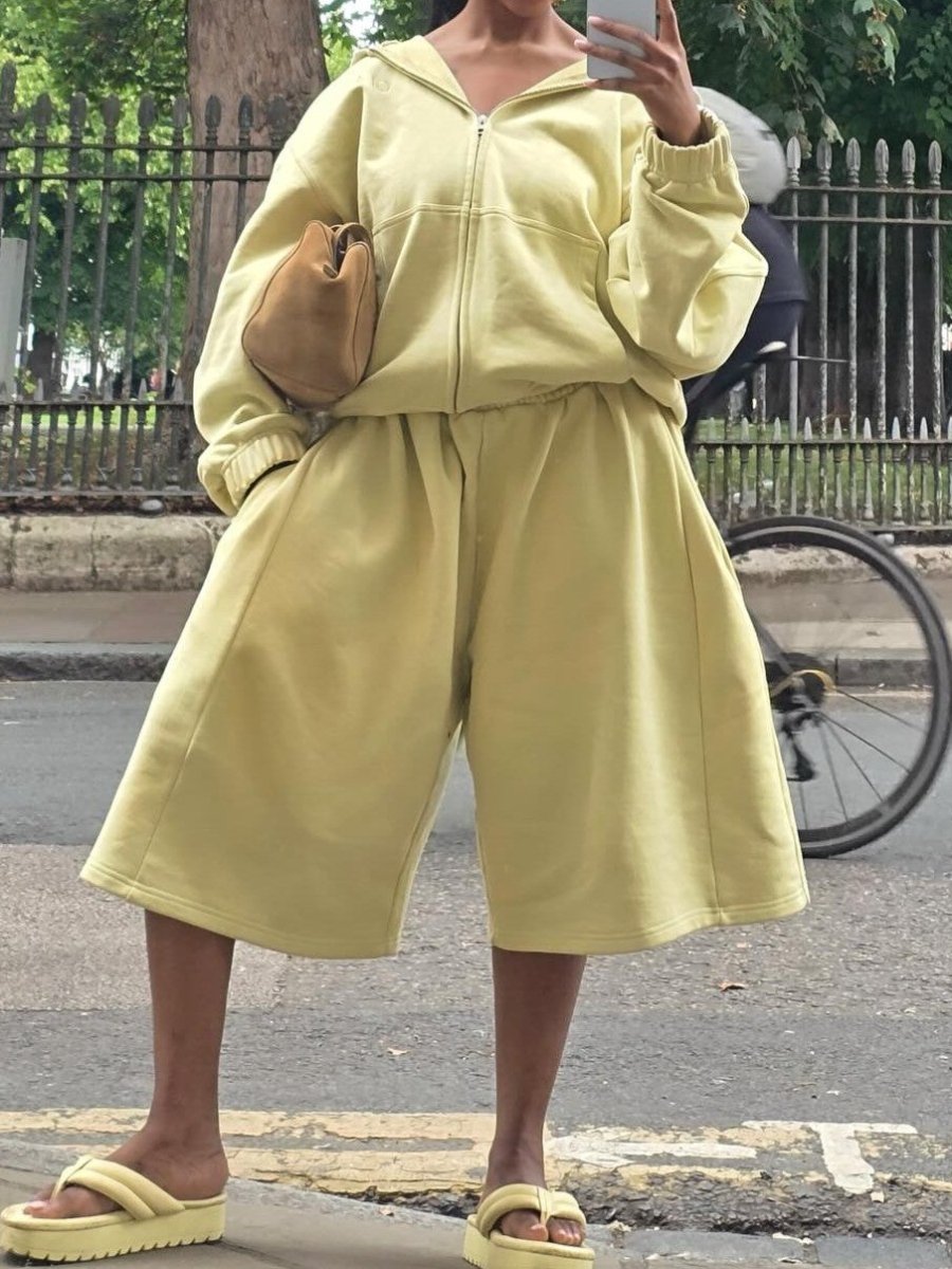 Lemon - Yellow Hooded Zip - Up And Culottes Set - laseze